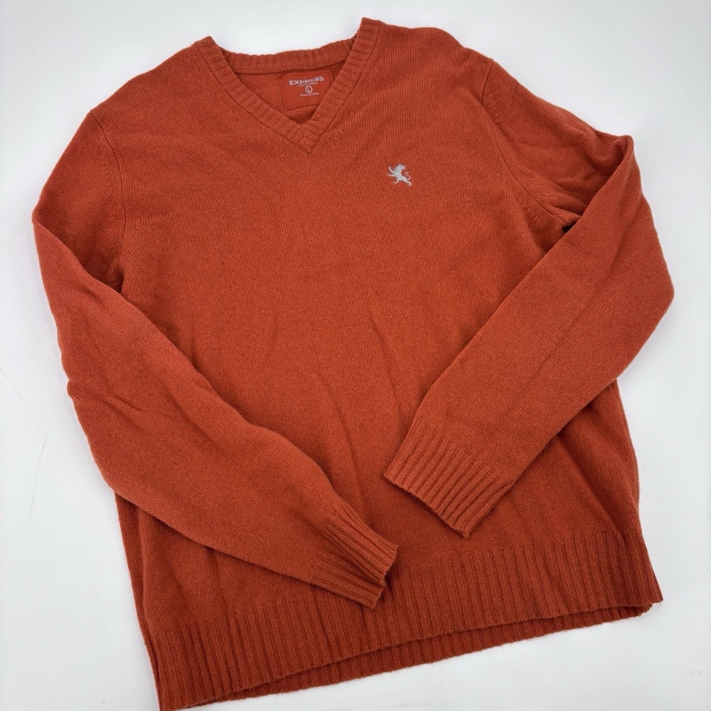 VTG Express Lambswool V Neck  Sweater Mens Large‎ Orange Preppy Y2K Academia